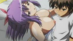 1male animated bed big_breasts blush bounce bouncing_breasts breasts cap cowgirl_position fujino_shion hair hatsu_inu hatsuinu large_breasts nipples purple_eyes purple_hair ribbon screencap sex sweat underwear