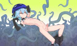 1boy absurdres arknights black_gloves blue_hair blue_hat closed_mouth commentary commission cum elbow_gloves english_commentary erection feet_out_of_frame from_side gloves halftone halftone_background hat highres male male_focus mizuki_(arknights) nipples nude one_eye_closed orange_eyes pants_around_one_leg penis pshuuu short_hair solo tentacle trap uncensored variant_set