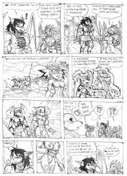 ! ? armor black_and_white breasts comic culumon digifun_in_the_forest digimon digimon_(species) digimon_tamers eyewear fan_character female forest furry furry_only futanari goggles guilmon headgear heart helmet herm intersex male mariano monochrome penis polearm pussy renamon scalie spear text transformation tree weapon wings