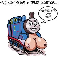 ? big_breasts body_horror breasts caption english_text intersex lowres nightmare_fuel nipples sharprm smile thomas_and_friends thomas_the_tank_engine train