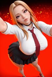 1girls 3d 3d_(artwork) ai ai_generated big_ass big_breasts blonde_hair breasts busty button_down_shirt female fishnets hd hi_res high_resolution highres long_hair pleated_skirt radnsad sindy(oc) solo solo_female solo_focus thick_ass thick_thighs tie