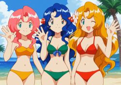 3girls ai_generated airetromonger alluring bikini blonde_hair blue_eyes blue_hair breasts cleavage daisy_(pokemon) female female_focus female_only flower_in_hair green_eyes lily_(pokemon) medium_breasts nintendo pink_hair pokemon pokemon_(anime) red_eyes silf silfs sisters sunglasses swimsuit thighs violet_(pokemon)