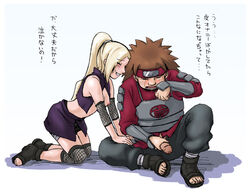 akimichi_chouji blonde_hair blush breasts brown_hair closed_eyes female fishnets forehead_protector foreskin grin human ino_yamanaka kneeling long_hair male masturbation naruto nipples open_clothes open_shirt oreshika penis ponytail shirt sitting smile straight tear text tied_hair translation_request uncensored