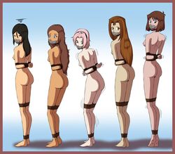 5girls angry arms_behind_back ass avatar_the_last_airbender azula barefoot black_hair bondage bound bound_ankles bound_arms bound_legs bound_wrists breasts brown_hair captured crossover dark-skinned_female dark_skin female female_only femsub gag gagged hairless_pussy haruno_sakura human katara kawai_shizuka lineup long_hair looking_at_viewer looking_back mazaki_anzu multiple_females multiple_girls multiple_subs naked naruto nipples nude pink_hair rear_view restrained rope rope_bondage sakura_haruno serenity_wheeler slave small_breasts standing_on_tip_toes straight_hair tape tape_gag taped_mouth tea_gardner tied tied_up yu-gi-oh! zeo-nell