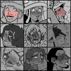 absurd_res ahe_gao ahegao ahegao_face black_hair blush blush_lines blushing buggy_the_clown collage cropped cropped_image f1zztastic gay greyscale heart heart-shaped_pupils heart_eyes heart_symbol hearts hearts_around_head hi_res highres kyros_(one_piece) loki_(one_piece) male male_focus male_only male_pov minimalist_background minimalist_coloring multiple_boys multiple_males nervous_smile no_color one_piece penguin_(one_piece) penis penis_on_face pleasure_face pleasured pleasured_face pleasured_male portgas_d_ace road_(one_piece) saliva saliva_string smiling spit_trail submission submissive submissive_male submissive_pov sweat sweating sweating_profusely tongue tongue_out trafalgar_law usopp yaoi