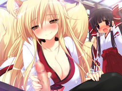 animal_ear black_hair blonde_hair blush bow breasts censored cleavage emily_(artist) emily_(pure_dream) emily_(sstomomi) erect_nipples hairbow hakama handjob japanese_clothes large_breasts long_hair looking_at_viewer miko multiple_girls naughty_face open_mouth original penis smile tail