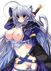 animal_ears braid breasts cat_ears cat_tail censored dog_days female fur highres large_breasts leonmitchelli_galette_des_rois long_hair navel nipples panties pointless_censoring pussy pussy_juice shinano_yura solo sword tail underwear weapon white_hair yellow_eyes