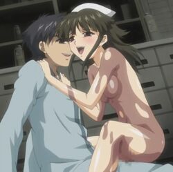 1male anata_no_shiranai_kangofu animated black_hair blush bouncing_breasts breasts brown_eyes cap censored cowgirl_position hair hat long_hair moaning mosaic_censoring nude nurse ogawa_nana oil open_mouth screencap sex small_breasts smile spread_legs