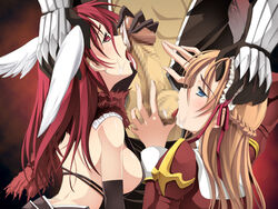 2girls assassin_cross ballcaress caressing_testicles censored collaborative_fellatio cum fellatio hand_on_another's_head handjob head_wings headwings high_priest licking licking_penis mosaic_censoring multiple_girls penis ragnarok sideboob teamwork testicle_licking twin_handjob