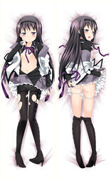 akemi_homura black_hair blush boots dakimakura flat_chest from_behind hairband high_heels long_hair magical_girl mahou_shoujo_madoka_magica midriff mousou_(mousou_temporary) navel open_clothes open_mouth open_shirt panties panties_under_pantyhose panty_pull pantyhose pantyhose_pull purple_eyes pussy shirt shoes skirt skirt_lift torn_pantyhose uncensored underwear