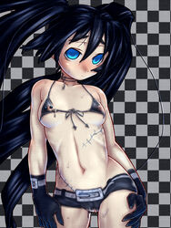 barbell_piercing black_hair black_rock_shooter black_rock_shooter_(character) blue_eyes bodypaint breasts checkerboard checkered female female_only hand_on_hip highres hips long_hair navel nipple_piercing nipples nude painted_clothes piercing pussy raplus small_breasts solo stitches sweat tied_hair twintails uncensored very_long_hair