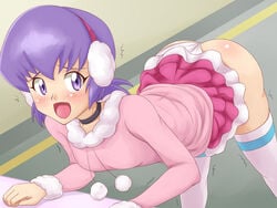 ass blush choker danball_senki earmuffs flat_chest kawamura_ami open_mouth panties purple_eyes purple_hair short_purple_hair skirt takappe thighhighs underwear