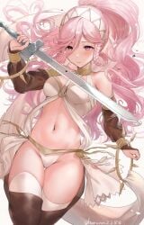 1girls artist_name bare_shoulders blush braid breasts cleavage dancer female female_only fire_emblem fire_emblem_awakening gold_trim hairband haru_(nakajou-28) highres jewelry long_hair medium_breasts midriff navel nintendo olivia_(fire_emblem) pink_eyes pink_hair ponytail shy side_braid simple_background solo thighhighs twin_braids