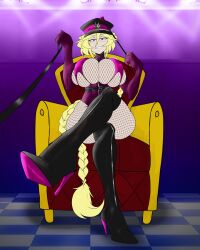 alternate_version_at_source big_breasts blonde_hair carol_malus_dienheim chair checkered_floor dominatrix fishnet_legwear fishnets leash leash_pull leashed_pov leg_over_leg lights point_of_view pov rust_and_bolts senki_zesshou_symphogear submissive_pov twintails whip