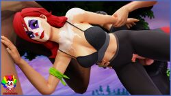 clown clown_girl clown_makeup clussy doggy_style fortnite mrmcpizza outdoors partially_clothed peekaboo_(fortnite) red_hair ripped_clothing smile sole_female sole_male