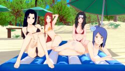 3d 3d_(artwork) 4girls armpits artist_request barefoot beach bikini bikini_bottom bikini_top black_bikini black_eyes black_hair black_panties black_swimsuit blue_bikini blue_eyes blue_hair blue_panties blue_swimsuit blue_thong blush bob_cut breasts cleavage feet female female_focus female_only forehead_protector g-string hair_bun hair_flower hairclip headband koikatsu konan konohagakure_symbol kurenai_yuhi light-skinned_female light_skin looking_at_viewer lying lying_on_side mattress mature mature_female mature_woman medium_hair midriff milf multiple_girls naruto naruto_(series) naruto_shippuden on_side orange_bikini orange_eyes orange_swimsuit outdoors pale-skinned_female pale_skin petite piercing piercings pose posing purple_eyes purple_hair red_bikini red_eyes red_hair red_panties red_swimsuit seaside shoulder_length_hair shounen_jump sitting small_breasts smile smiling smiling_at_viewer swimsuit thong toes uchiha_mikoto underboob uzumaki_kushina waifumaker wide_hips yuuhi_kurenai