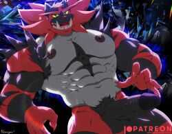 1boy anthro balls barazoku big_fangs big_penis black_body black_fur black_stripes cave crystal erection fangs fur genitals green_eyes grey_body grey_fur hi_res humanoid_genitalia humanoid_penis incineroar male male_only muscular muscular_anthro muscular_male nekogaki0324 nintendo nipples penis pokemon pokemon_(species) pubes red_body red_fur solo stripes teeth vein yellow_sclera