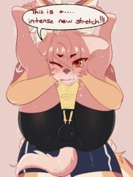 2019 3:4 ambiguous_gender anthro aoizuri barabybones blush brown_eyes bulge canid canine canis clothed clothing dialogue digital_drawing_(artwork) digital_media_(artwork) domestic_dog duo english_text femboy fur girly hair hi_res looking_at_viewer male mammal nickii pink_body pink_fur pink_hair speech_bubble text yoga_shorts