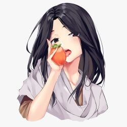 aoi_(buzhuen444) black_eyes black_hair divine_child_of_rejuvenation drooling female female_only food fromsoftware fruit fully_clothed long_hair looking_at_viewer open_mouth saliva sekiro:_shadows_die_twice sexually_suggestive tongue_out upper_body