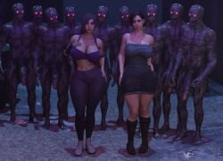 3d ada_wong ada_wong_(adriana) balls big_balls big_breasts big_penis black_hair brown_hair capcom claws clothed clothing detailed_background erection fangs female female_human female_human/male_monster feral genitals glowing_eyes grey_body group hair human humanoid imminent_sex jill_valentine jill_valentine_(julia_voth) light-skinned_female male male/female male_monster monster multiple_boys nude partially_clothed penis red_eyes regenerator resident_evil resident_evil_4 smeclair straight tubetop veiny_penis yoga_pants