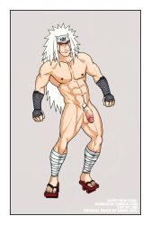 balls bandages bara face_markings headgear jiraiya kamui_jack long_hair male male_only mostly_nude muscles muscular naruto penis solo solo_male white_hair