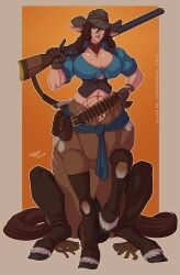 1futa abs ammo_belt animal_genitalia big_breasts breasts brown_hair centaur cleavage clothed clothing cowboy_hat double-barreled_shotgun equid equid_taur firearm fully_sheathed futa_only futanari genitals gloves gun gynomorph handwear hat headgear headwear hi_res hooves human humanoid_taur intersex light-skinned_futanari light_skin long_hair mammal mammal_taur muscular muscular_futanari muscular_gynomorph muscular_intersex neckerchief partially_clothed ranged_weapon scar sheath shotgun sitting solo taur vanessa_(wmdiscovery93) weapon wide_brim_hat wmdiscovery93