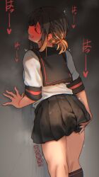 against_wall back_turned black_sailor_collar black_skirt black_socks blush breath brown_hair closed_eyes cropped_legs cum cum_on_legs cumdrip ergot female fubuki_(kantai_collection) full-face_blush grey_background hair_between_eyes hand_on_own_ass hand_on_wall heart jewelry kantai_collection kneehighs low_ponytail nape open_mouth pleated_skirt ring sailor_collar school_uniform serafuku shirt sidelocks simple_background skirt socks solo spoken_heart steaming_body turning_head wedding_ring white_shirt