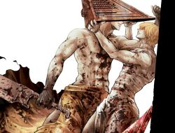 2boys apron blonde_hair brothers cosplay crossover donquixote_doflamingo donquixote_rosinante gay gloves helmet helmet_removed kei_(pixiv1856707) looking_at_another male male_only one_piece profile pyramid_head pyramid_head_(cosplay) siblings silent_hill silent_hill_(film) silent_hill_2 stained_clothes topless_male weapon yaoi