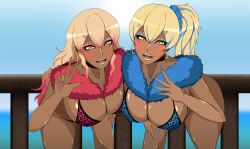 2girls akagi_(kantai_collection) bra ebonization female gyaru hair_color_change kaga_(kantai_collection) kantai_collection large_breasts race_swap