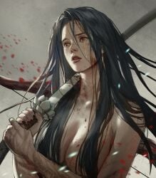 black_hair blood bow_(weapon) brown_eyes cdash817 cleavage crying crying_with_eyes_open female female_only fromsoftware genderswap_(mtf) genichiro_ashina hair_censor hair_covering_breasts katana long_hair medium_breasts messy_hair nail_polish painting_(artwork) rule_63 scars sekiro:_shadows_die_twice solo sword tears topless topless_female upper_body weapon