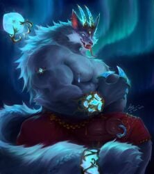 animal_humanoid anthro big_muscles big_penis bottomwear canid canine canis clothed clothing digital_media_(artwork) ear_piercing erection genital_piercing genitals half_naked hi_res humanoid humanoid_genitalia humanoid_penis league_of_legends looking_at_viewer male male_only mammal muscular muscular_anthro muscular_male natee_sinlp nipple_piercing nipples open_mouth pants pecs penis penis_piercing piercing prestige_skin riot_games smile solo tongue tongue_out vein veiny_penis warwick winterblessed_series winterblessed_warwick_prestige_edition wolf