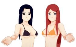 2girls bare_shoulders bikini bikini_top black_hair breasts cleavage female female/female female_only mature mature_female mature_woman midriff milf multiple_girls naruto naruto_(series) naruto_shippuden red_hair swimsuit uchiha_mikoto upper_body uzumaki_kushina very_long_hair waifumaker yuri