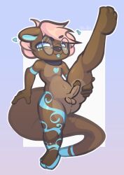 absurd_res anthro brown_body brown_fur casey_quartz collar eyewear fur genitals glasses hair heart hi_res male mammal mustelid otter penis pink_hair raised_leg solo teasing_viewer tongue tongue_out ursk