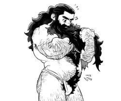 2021 ass beard belly black_hair bulge casual digital_media_(artwork) dungeon_meshi dwarf flaccid fundoshi hairy humanoid jockstrap long_beard long_hair male male_only monochrome muscular muscular_male partially_clothed pubes senshi_(dungeon_meshi) solo solo_male underwear underwear_only y4k100y4k