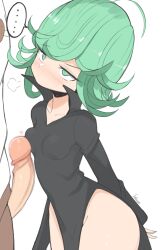 ... 1boy 1girls artist_name black_dress blush breast_press breasts censored collarbone curly_hair dress erection female green_eyes green_hair jellcaps long_sleeves male mosaic_censoring one-punch_man penis short_hair simple_background small_breasts spoken_ellipsis tatsumaki thighs white_background