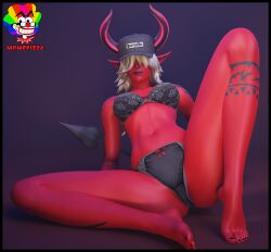 black_bra black_panties demon demon_girl desdemona_(fortnite) feet fortnite mrmcpizza red_skin solo solo_female underwear white_hair