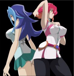 2girls anna_kozuki blue_eyes clothing erect_nipples fallere825 female female_only huge_breasts kamishiro_rio looking_at_another looking_back multiple_girls red_eyes red_hair rio_kamishiro school_uniform underwear voluptuous voluptuous_female yellow_eyes yu-gi-oh! yu-gi-oh!_zexal