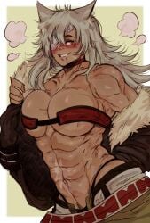 1girls abs animal_ears big_breasts blush breasts choker coat collarbone dark-skinned_female dark_skin drooling eyepatch female female_only fur_coat ghislaine_dedoldia grey_hair grin large_breasts muscular_female mushoku_tensei navel otamerdraw scar smile solo