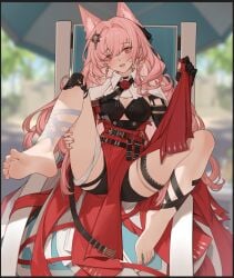 1girls animal_ear_fluff animal_ears arknights blush bra braid feet feet_up gloves jewelry legs legs_apart long_hair open_mouth pink_eyes pink_hair pozyomka_(arknights) sitting solo spread_legs toes wolf_ears wolf_girl xssh