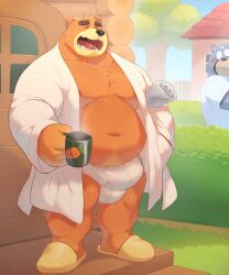 2023 animal_crossing anthro bear belly big_belly black_nose blush bulge closed_eyes clothed clothing curt_(animal_crossing) detailed_background duo grey_body hi_res male male_only mammal moobs mug navel nintendo o-ro open_clothing open_robe orange_body outside overweight overweight_male robe teddy_(animal_crossing) underwear