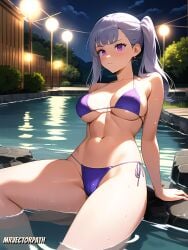 1girls ai_generated big_breasts bikini black_clover breasts cameltoe large_breasts looking_at_viewer micro_bikini mrvectorpath noelle_silva purple_eyes shiny_skin silver_hair sitting string_bikini thick_thighs thighs twintails wet