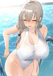 1girls absurdres breasts closed_eyes comichipota female female_only gluteal_fold grey_hair highres huge_breasts leaning_forward light-skinned_female light_skin long_hair milf one-piece_swimsuit open_mouth pool solo stairs swimsuit thigh_gap uzaki-chan_wa_asobitai! uzaki_tsuki water white_one-piece_swimsuit