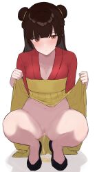 absurdres black_hair black_survival blunt_bangs blush breasts brown_eyes censored clothes_lift double_bun female hair_bun hiepita97 highres li_dailin lifted_by_self long_hair mosaic_censoring navel peeing pussy skirt skirt_lift solo squatting sweatdrop