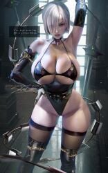 1girls big_breasts breasts cleavage cosplay crossover_cosplay english_text female hartman_hips highleg_leotard hips holding_object hourglass_figure huge_breasts isabella_valentine large_breasts leotard light-skinned_female light_skin nier:_automata outfit_swap sakimichan short_hair slim slim_waist soul_calibur sword text text_box thick_thighs thigh_gap thighs thunder_thighs thunderthighs transforming_weapon voluptuous weapon whip white_hair wide_hips yorha_2b_(cosplay)