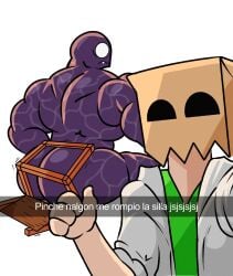 1boy 2boys anthro ass bag_on_head bag_over_head beetleart big_ass broken_chair chair el_benon mache mache_(mache_art) male male_only marvel muscular muscular_anthro muscular_male muscular_thighs paper_bag spanish_text surprised text venom youtube youtube_hispanic youtuber