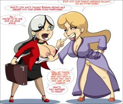 2girls arguing argument big_breasts black_skirt black_streaks blonde_female blonde_hair blonde_hair blonde_pubic_hair breasts briefcase brieon_bellvue buisness_suit dialogue going_commando grace_milcher hairy_pussy light-skinned_female married_woman milf monkeycheese nipples no_panties pussy red_heels red_high_heels robe robe_only shirt_pulled_down sisters skirt unshaved_pussy white_hair wife