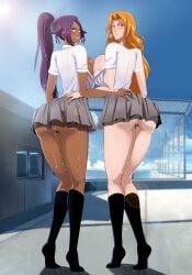 2girls ass asymmetrical_docking back_view barefoot big_ass big_breasts bleach breast_press breasts bubble_butt busty clothed_female clothing curvy dark_skin female female_only from_behind full_body hand_around_waist hand_on_ass hand_on_butt light_skin long_hair matsumoto_rangiku miniskirt multiple_girls no_panties no_shoes no_underwear nude orange_hair ponytail purple_hair pussy rear_view revealing_clothes school school_rooftop school_uniform schoolgirl shihouin_yoruichi shirt sideboob skirt socks sunlight sweat the_amazing_gambit tiptoes underass voluptuous