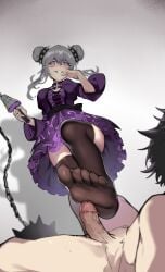 artist_request chinese_girl dong_bai dynasty_warriors feet female femdom foot_fetish foot_focus footjob sadistic_girl sadistic_smile silver_hair unseen_male_face