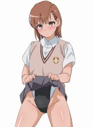 1girls 2020 2020s :< ass_visible_through_thighs bare_thighs blush brown_eyes brown_hair brunette competition_swimsuit eagle_moon_sky female flashing frown gluteal_fold hair_flower hair_ornament hi_res lifted_by_self looking_at_viewer matching_hair/eyes miniskirt misaka_mikoto no_shorts one-piece_swimsuit school_swimsuit school_uniform schoolgirl short_hair skirt skirt_lift solo standing swimsuit swimsuit_under_clothes teenage_girl teenager thighs to_aru_kagaku_no_railgun to_aru_majutsu_no_index tokiwadai_school_swimsuit tokiwadai_school_uniform white_background young