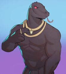 anthro epic_games forked_tongue fortnite genitals grey_body grey_scales hi_res jewelry jrjresq komodo_dragon lizard male male_only monitor_lizard muscular muscular_anthro muscular_male necklace nude penis penis_base red_eyes reptile ring_(jewelry) scales scalie smile solo thunder_(fortnite) tongue tongue_out